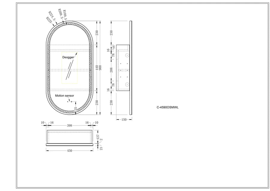 Oval LED Shaving Cabinet 450mmx900mm