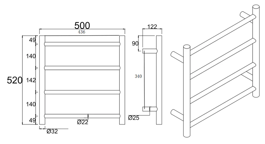 Round Electric Heated Towel Rail 4 Bars
