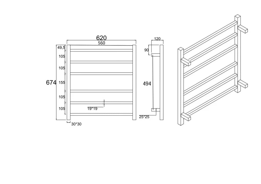 Square Electric Heated Towel Rail 6 Bars